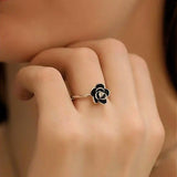 Black Rose Flower Ring on Finger