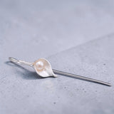 Calla Lily Pearl Earrings Close Up View
