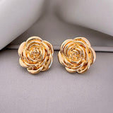 Gold Rose Stud Earrings Close Up View