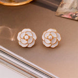 Pearl Flower Stud Earrings Close Up View
