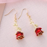 Red Rose Dangle Earrings Close Up View