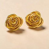 Rose Flower Design Gold Earrings Close Up View