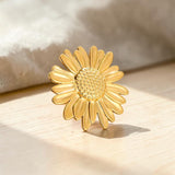 Stainless Steel Sunflower Ring Close Up View