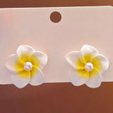 White Plumeria Earrings Close Up View